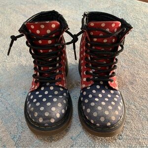 Dr. Martens Kids Red and Blue Polka Dot Delaney Lace-up Combat Boots